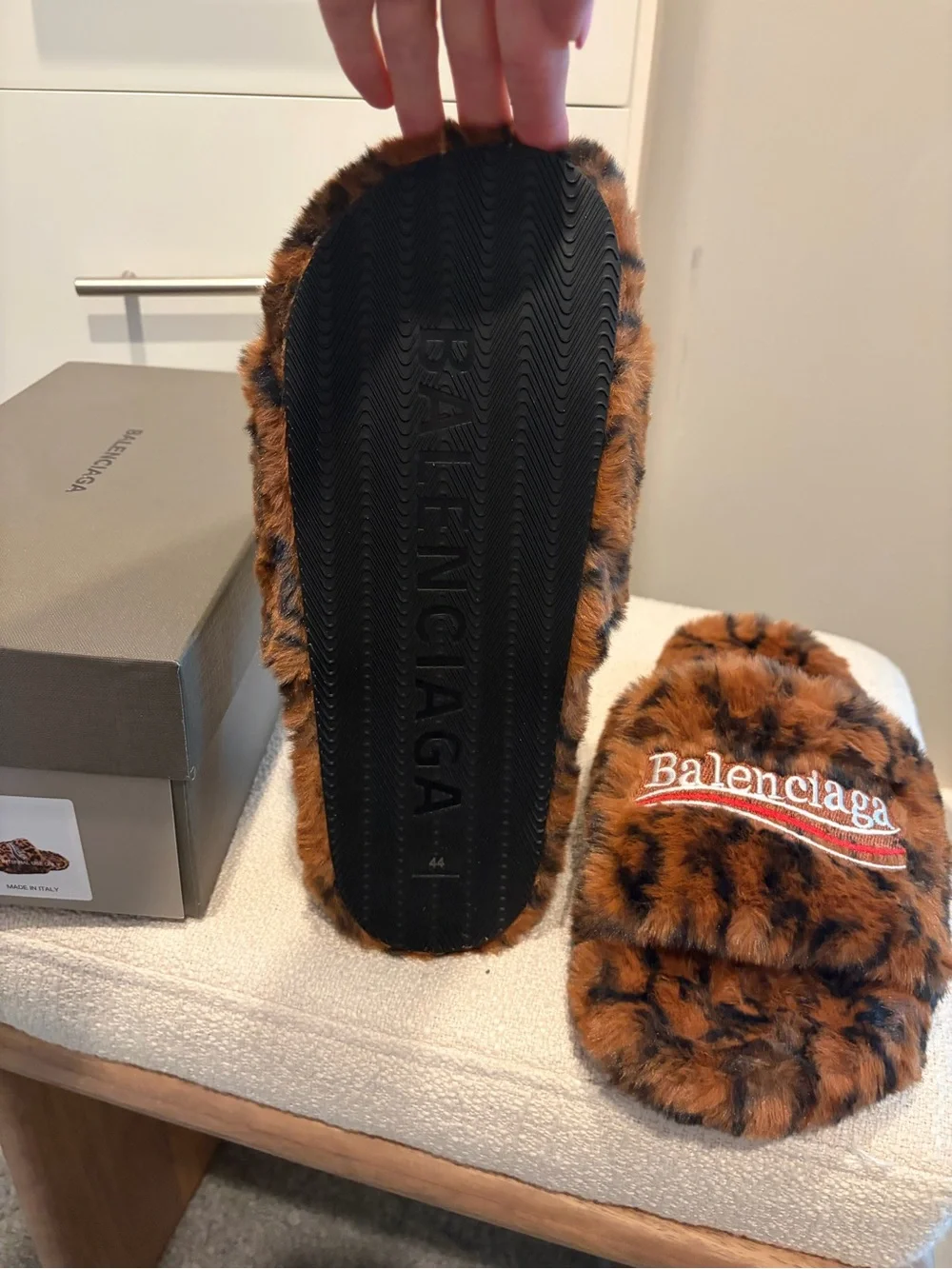 Balenciaga Mens Leopard Faux-Fur Slide Slippers - Brown/Black